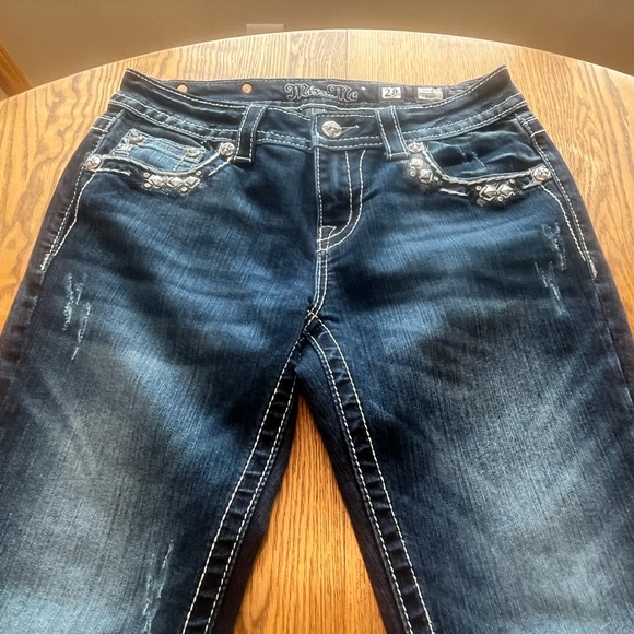 MISS ME Mid-Rise Boot Cut Embellished Jeans Whiskered Dark Wash Size 28 - Picture 11 of 12